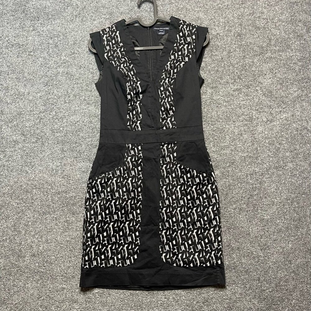 French Connection Womens Sheath Dress Black Geometric Pockets Mini Cap Sleeve 2